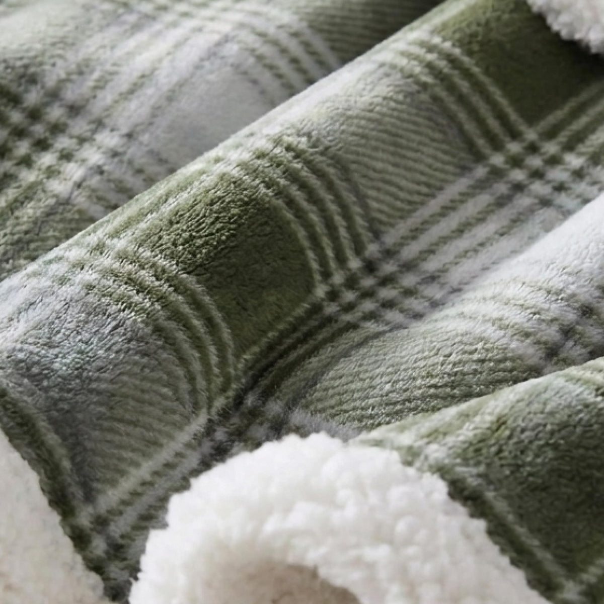Nordic Plaid Green Sherpa Throw Blanket for Bed and Couch
