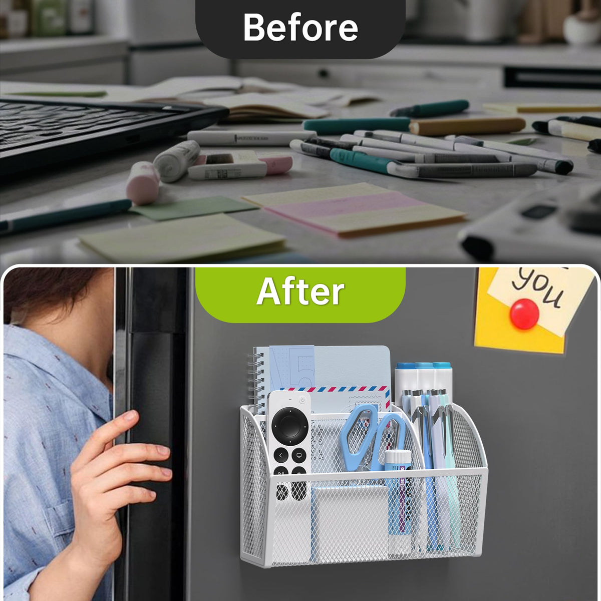 YINGHUA 3 Compartment Magnetic Metal Mesh Pen Holder, White Desk Caddy