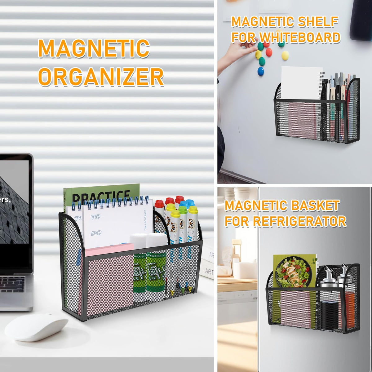 Magnetic Pencil Holder-Magnetic Basket for Fridge 3-Grid Mesh Magnetic Pen Holder for Refrigerator, Extra Strong Magnets Mesh Marker Holder Locker Accessories Organizer for Whiteboard Black
