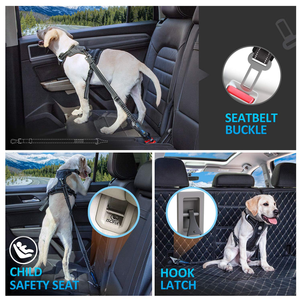 Dog Seat Belt 3-in-1 Car Harness for Dogs Adjustable Safety Seatbelt for Car Nylon Reflective Bungee Fabric Dog Car Harness with Clip Hook Latch & Buckle, Swivel Zinc Alloy Carabiner (Black) Black