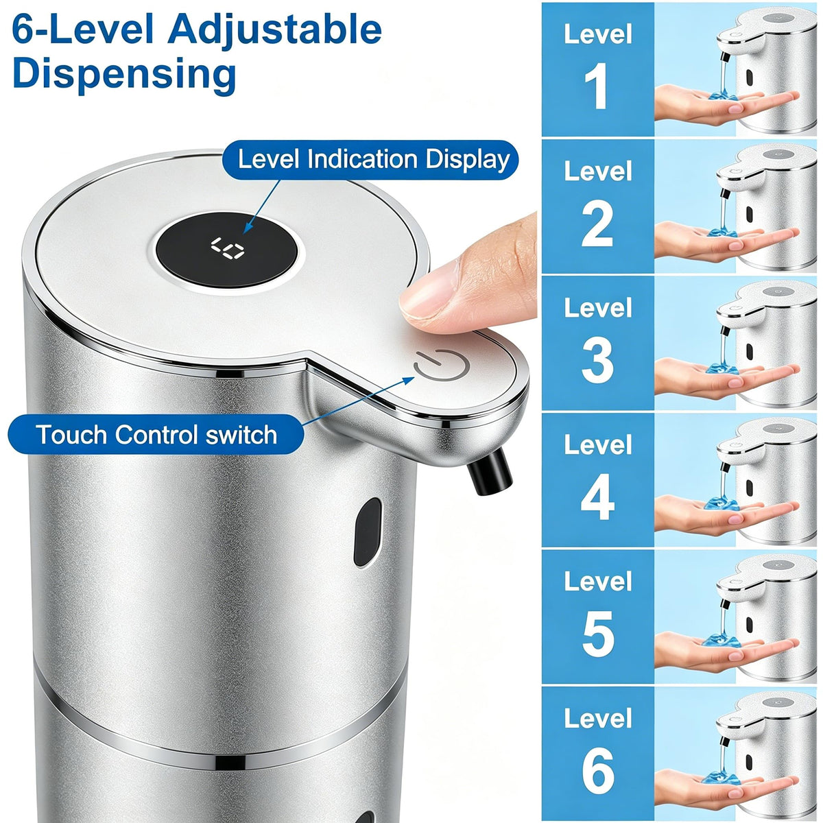 Automatic Soap Dispenser, Hand Soap Dispenser 12.8oz/380ml Smart Rechargeable, Liquid Touchless Soap Dispensers with 6-Level, Wall Mounted or Countertop Dish Soap Dispensing for Bathroom & Kitchen Black