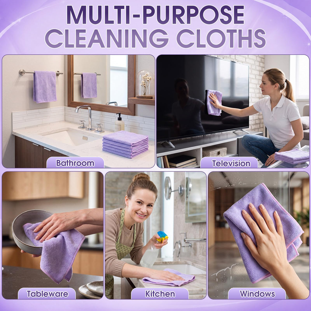 Nuenen Car Microfiber Clean Cloths, Purple, 16 x 16 Inch, 60 Pcs 16 x 16 inches