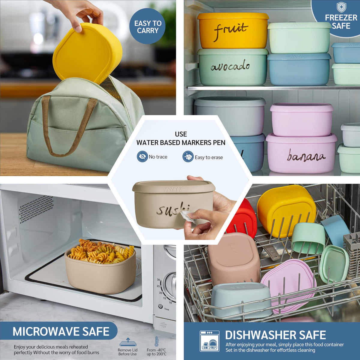 ISSEVE 12Pcs/Set Nesting Silicone Food Storage Containers with Lids Blue