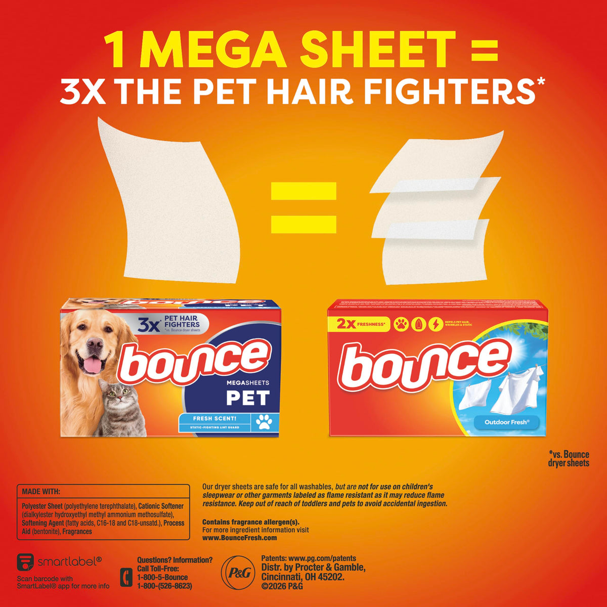 Bounce Pet Hair and Lint Guard Mega Dryer Sheets with 3X Fighters,...