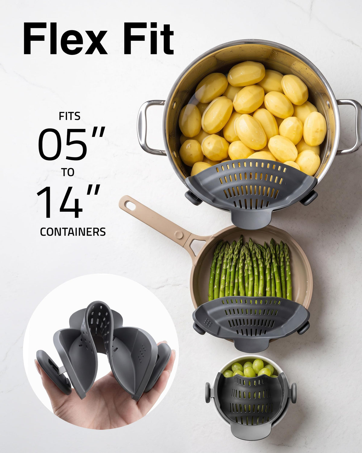 Kitchen Gizmo Snap N' Strain - Silicone Pasta Strainer Clip-On for Pots and Pans - Heat Resistant Colander for Vegetables and Noodles - Kitchen Gadgets for Cooking - Space-Saving Design - Gray 1