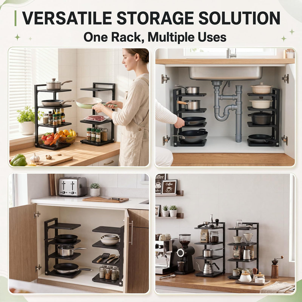 1 Pack 4Tier Pot Pan Organizer Under Cabinet Adjustable Heavy Duty 1
