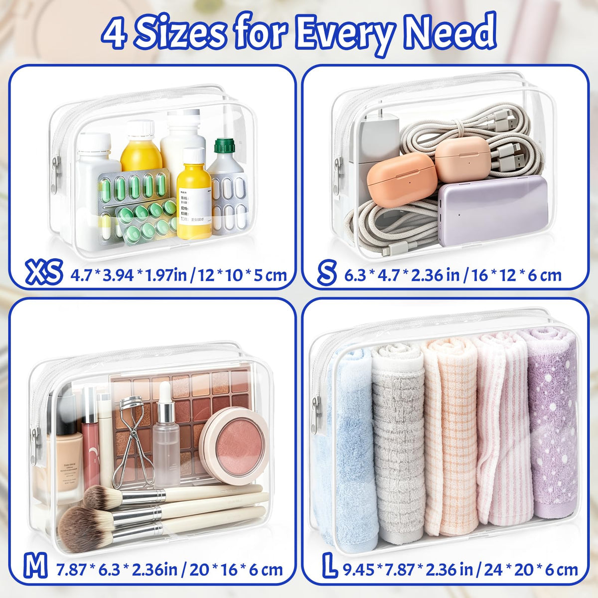 4 Pieces Clear Cosmetic Bags Bulk TSA Approved Toiletry Bag for Travel PVC Waterproof Clear Makeup Pouch with Zipper for Men and Women Carry-on Travel Essentials 4pcs SML Black