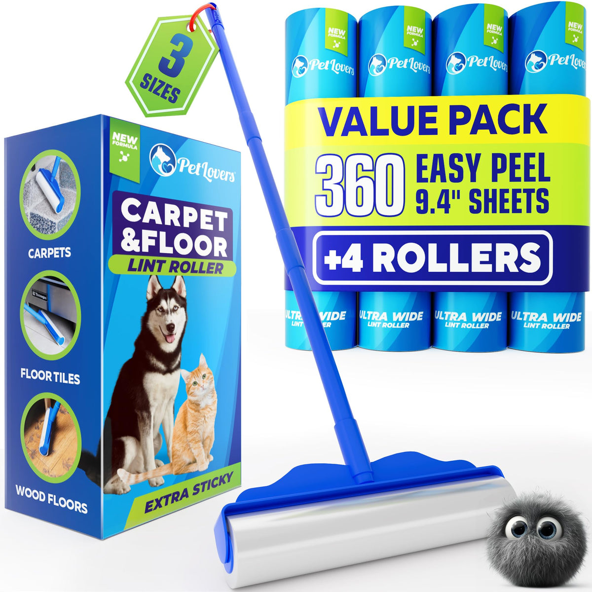 PetLovers Large Lint Roller with 3 Refills – 360 Total Sheets for Tackling...
