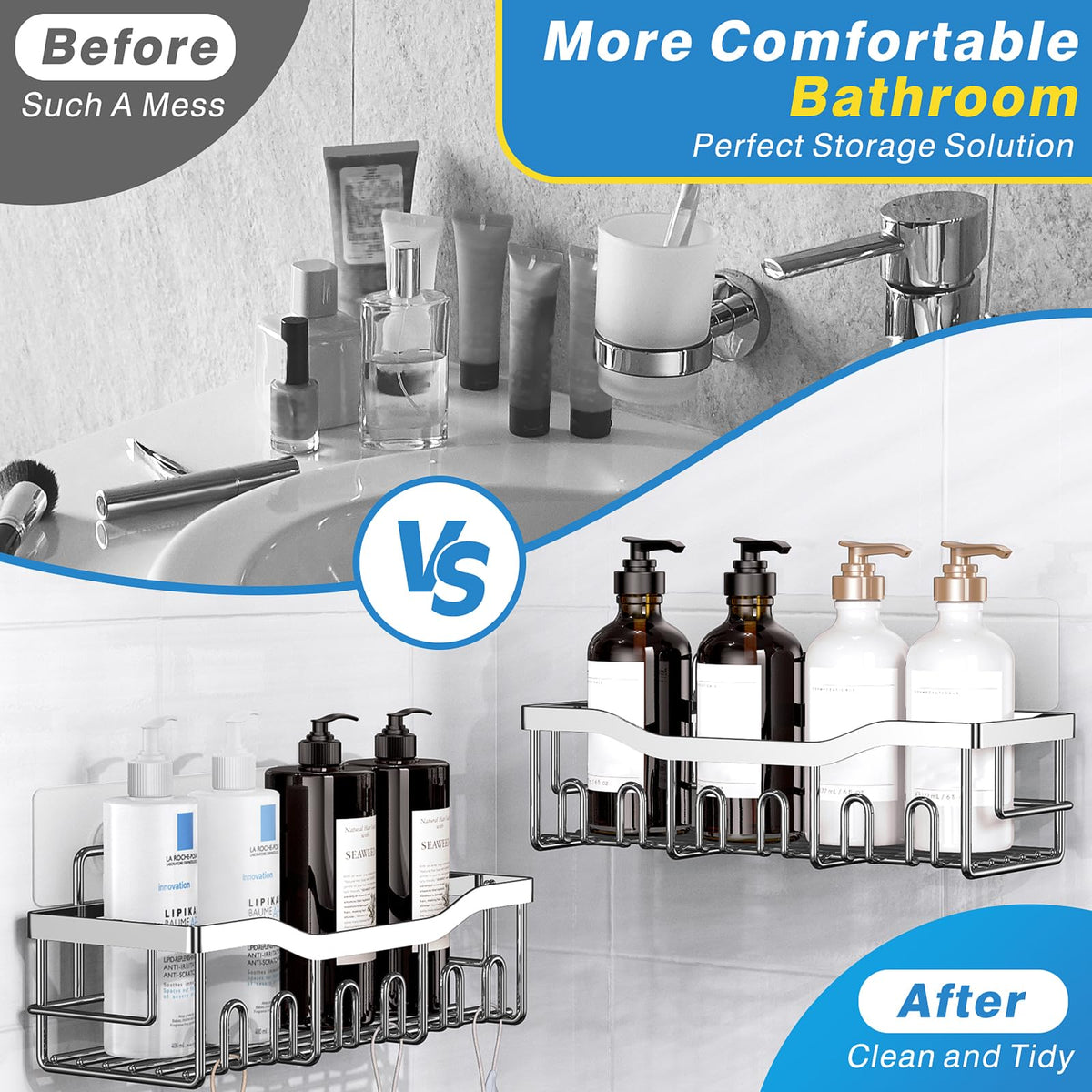 EUDELE Adhesive Shower Caddy, 5 Pack Rustproof Stainless Steel Bath Organizers With Large Capacity, No Drilling Shelves for Bathroom Storage & Home Decor Black