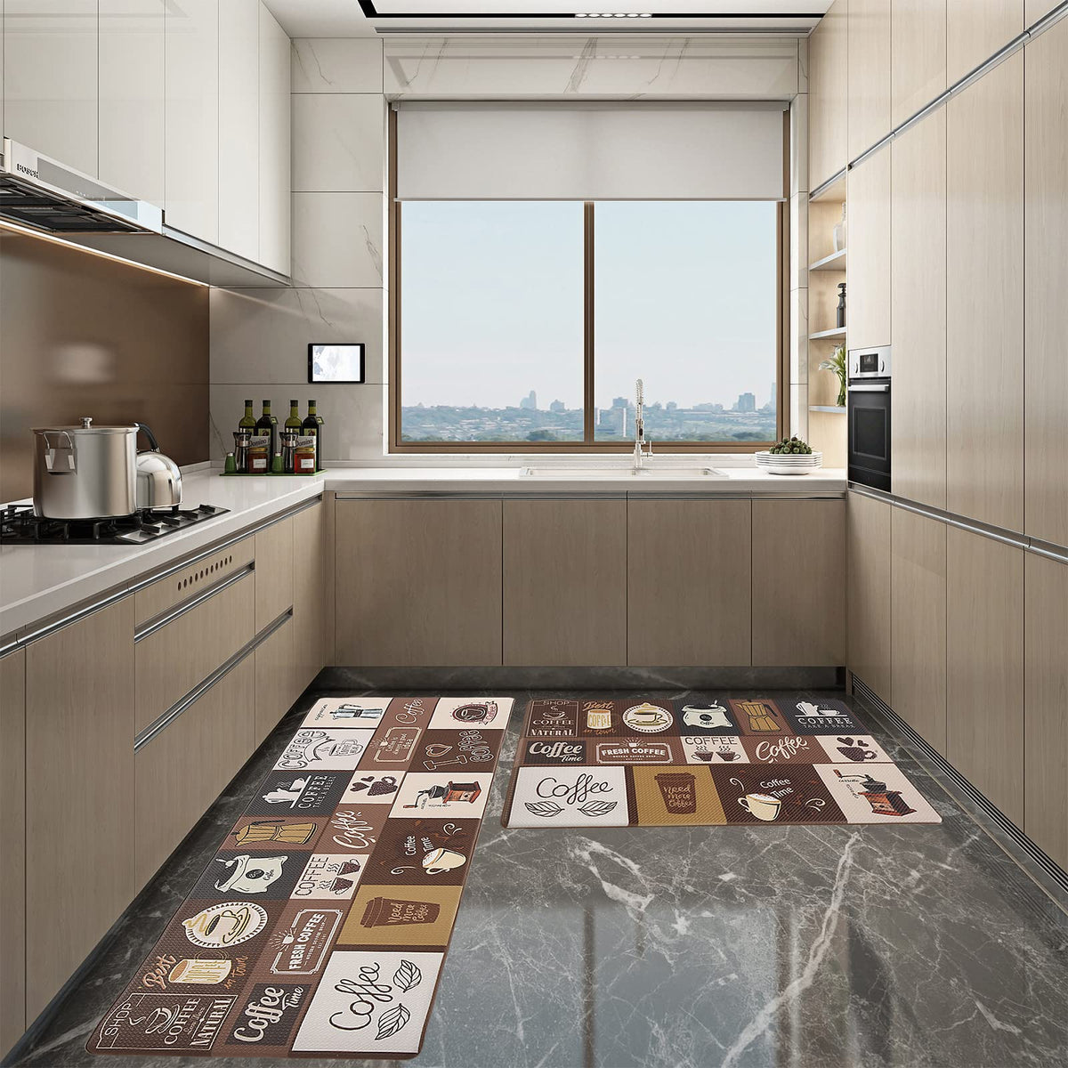Floral Kitchen Mat Sets 2PCS Non Skid Waterproof Kitchen Rugs and Runner Sets Cushioned Anti-Fatigue Comfort Mat for Home,Office Memory Foam Kitchen Rug, 17.3"x30"+17.3"x47", Black/Pink 17"x30"+17"x47"--0.4 inches