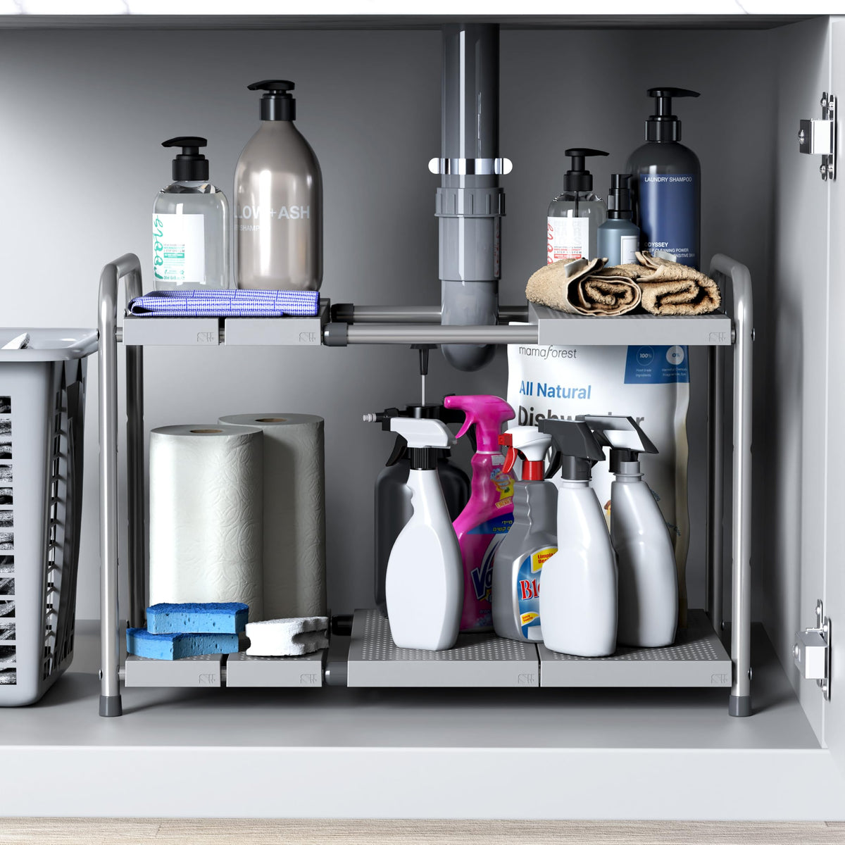 Simple Houseware Under Sink 2-Tier Heavy Duty Expandable Organizer, Silver