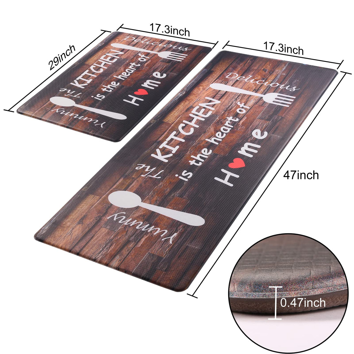 Floral Kitchen Mat Sets 2PCS Non Skid Waterproof Kitchen Rugs and Runner Sets Cushioned Anti-Fatigue Comfort Mat for Home,Office Memory Foam Kitchen Rug, 17.3"x30"+17.3"x47", Black/Pink 17"x30"+17"x47"--0.4 inches
