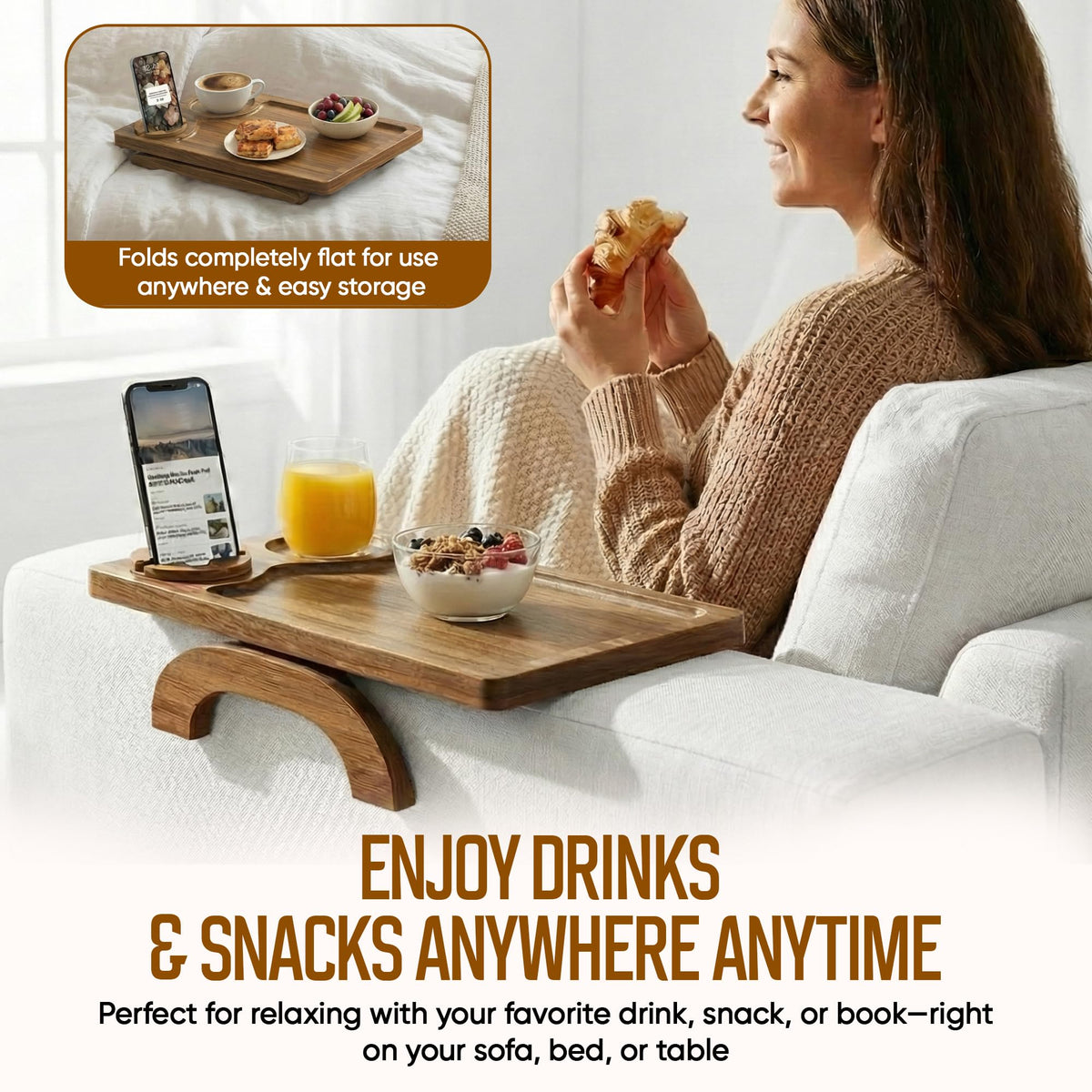 Acacia Wood Sofa Arm Tray - 3-in-1 Couch Arm Table with Phone Holder, Cup Holder & Foldable Tray - Armrest Clip-On Design for Couch with 360° Rotated Phone Holder