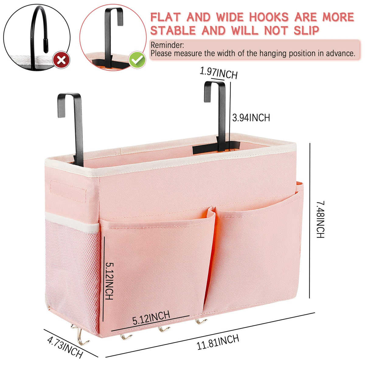 Bedside Caddy Organizer 5 Pockets and 4 Hooks for Bunk Bed Black
