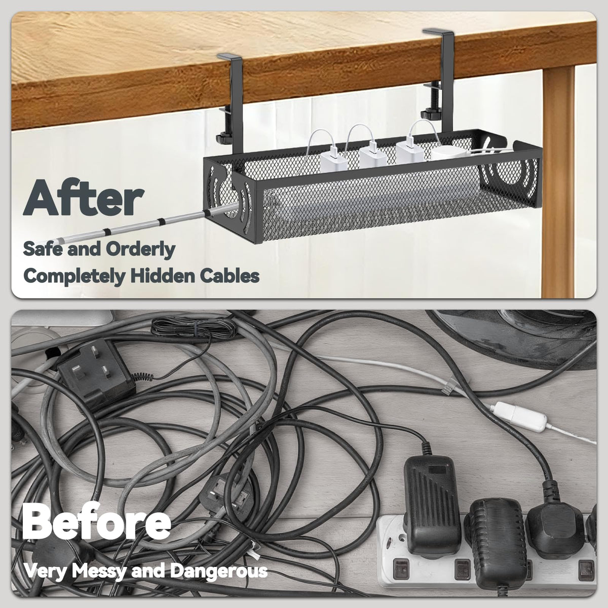 Cable Management, 25.3'' Under Desk Cable Management Tray No Drill 25.3 inch Black