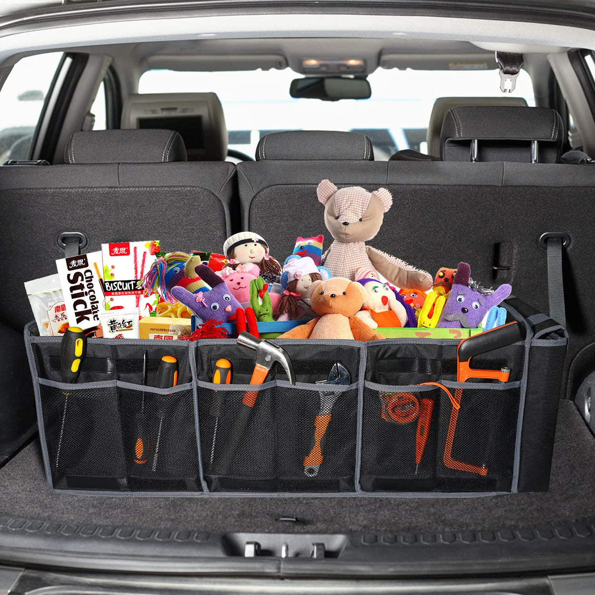 Collapsible Trunk Organizer with Insulated Leakproof Cooler Bag,Removable Lid,Adjustable Securing Straps,3 Compartments Trunk Organizer for SUV,Truck,Sedan(Grey & Black) Black&Grey With Cooler