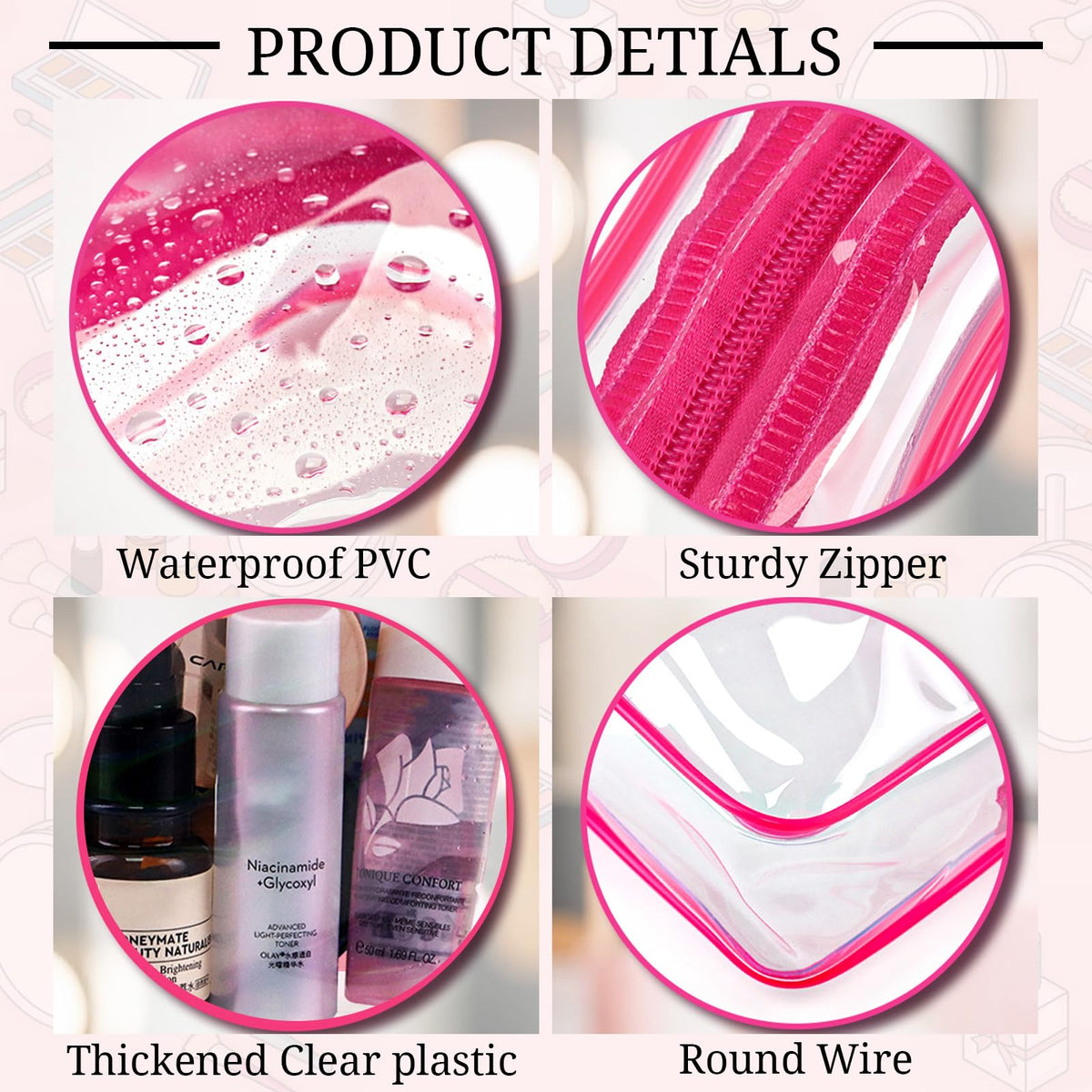 4 Pieces Clear Cosmetic Bags Bulk TSA Approved Toiletry Bag for Travel PVC Waterproof Clear Makeup Pouch with Zipper for Men and Women Carry-on Travel Essentials 4pcs SML Black