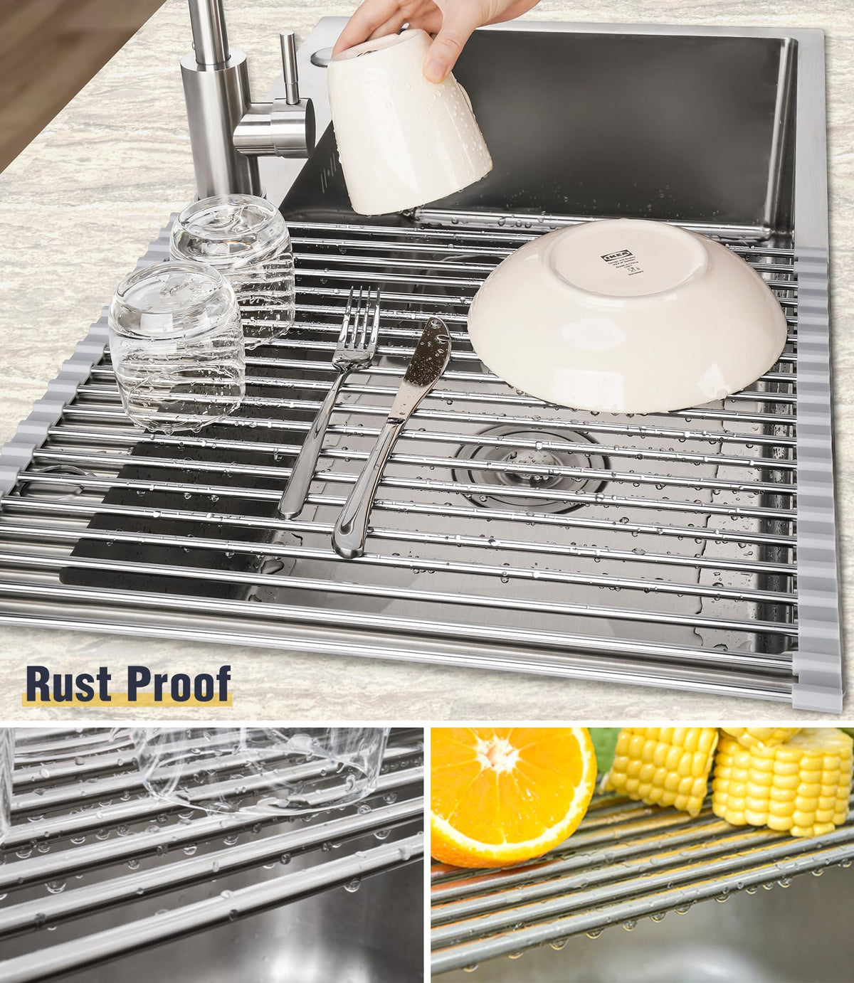Tomorotec Roll Up Dish Drying Rack Over Sink, 304 Steel, 21x15.5, Grey