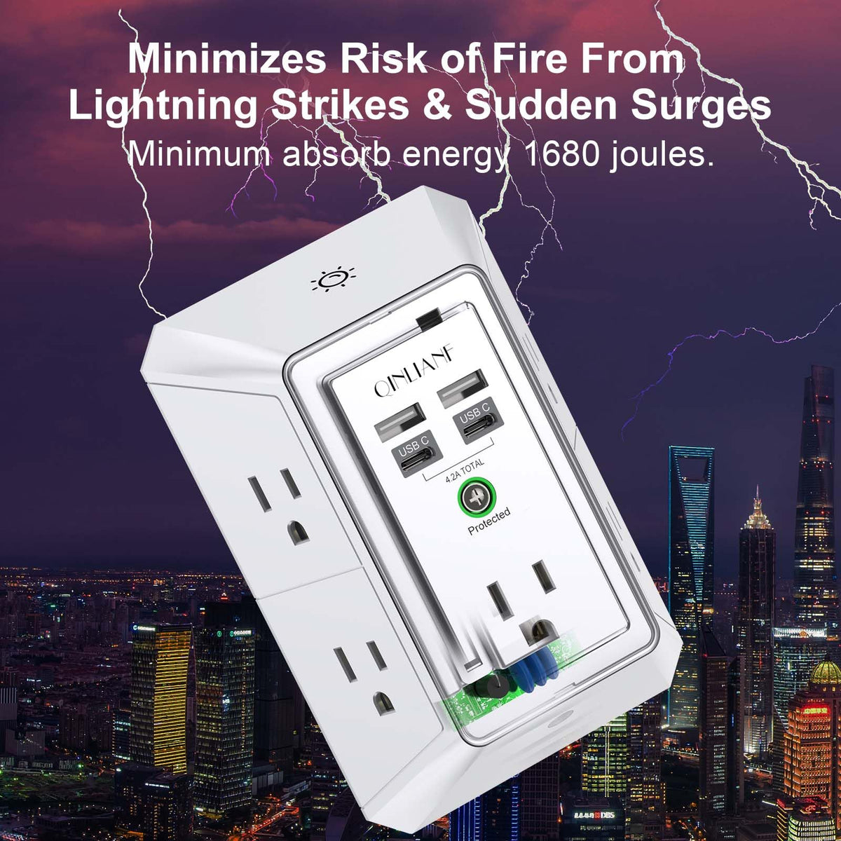 Wall Charger, Surge Protector, QINLIANF 5 Outlet Extender with 4 USB Ports Black 3U1C