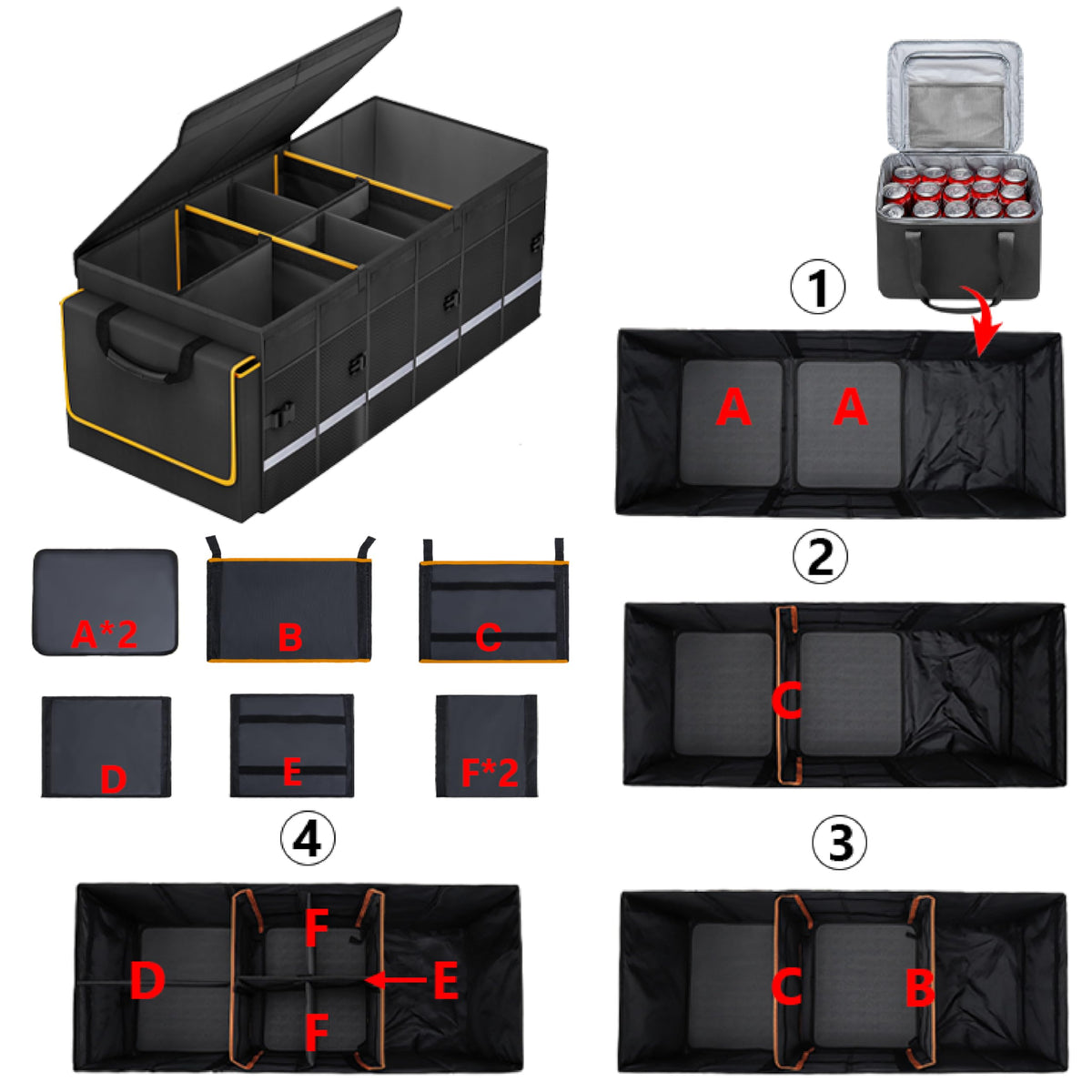 Car Trunk Organizer and Storage with Lid & Removable Leakproof Cooler Bag, Car Accessories 6 Removable Dividers for Custom Space, Collapsible Large Trunk Organizers Interior for SUV Sendan with Cover Black