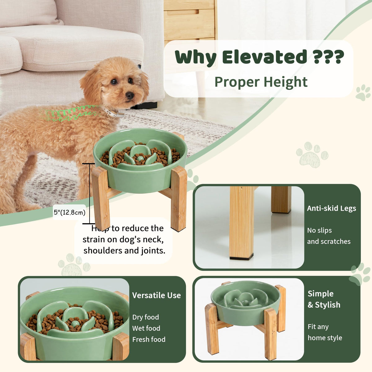 Elevated Slow Feeder Dog Bowl, 6.7" Ceramic Maze Dog Bowl with Stand White 1.5 Cups