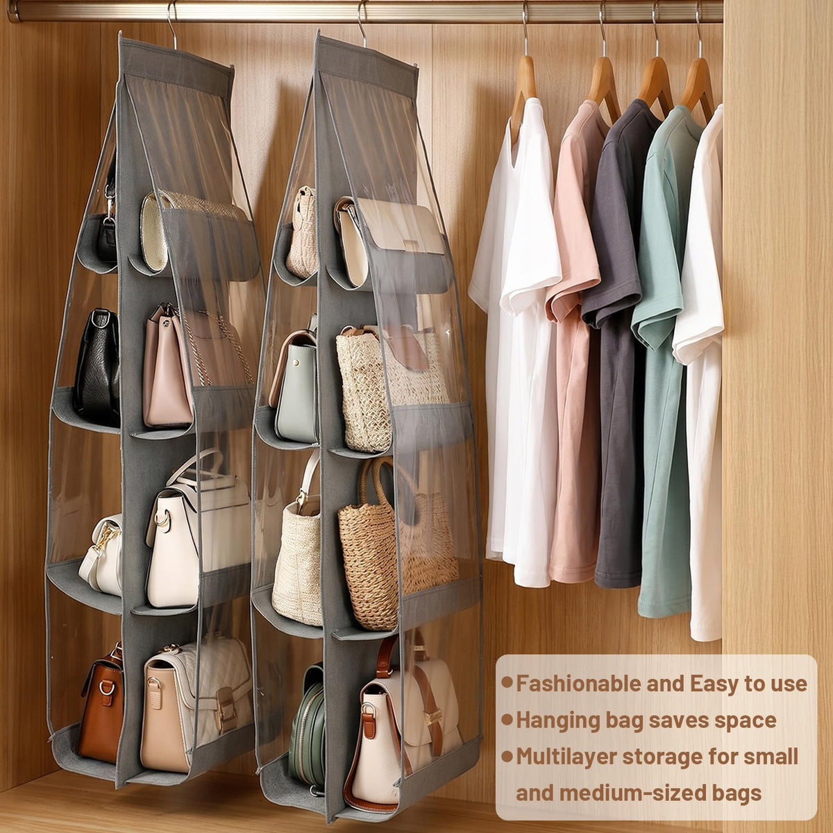 4 Pack Purse Organizer for Closet, Hanging Handbag Storage with 8 Clear PVC Pockets, Purse Organizer for Wardrobe Door Wall, Gray 41x13.5x12.6 Inch