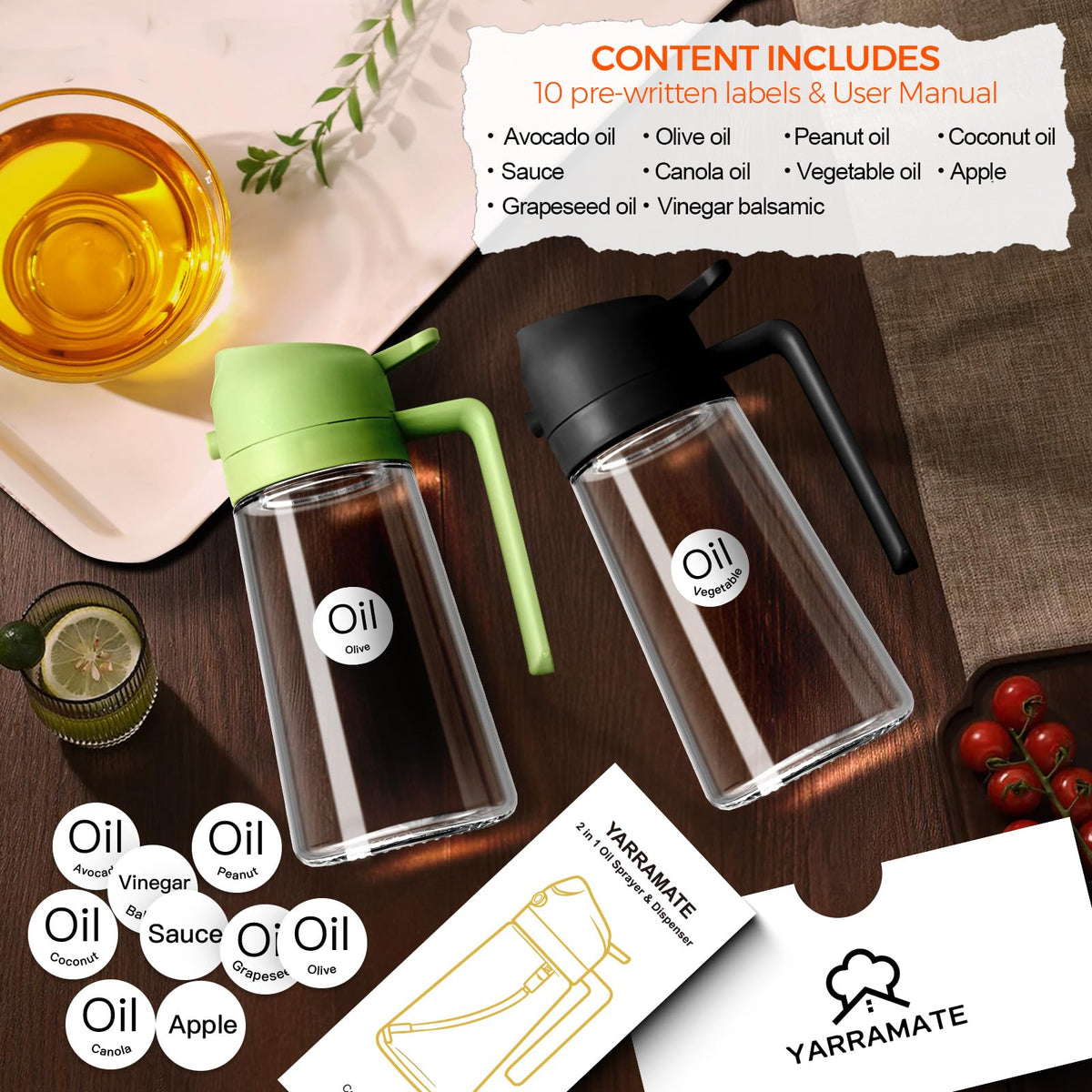 YARRAMATE Olive Oil Dispenser, 2 in 1 Sprayer for Cooking, 16oz/470ml...