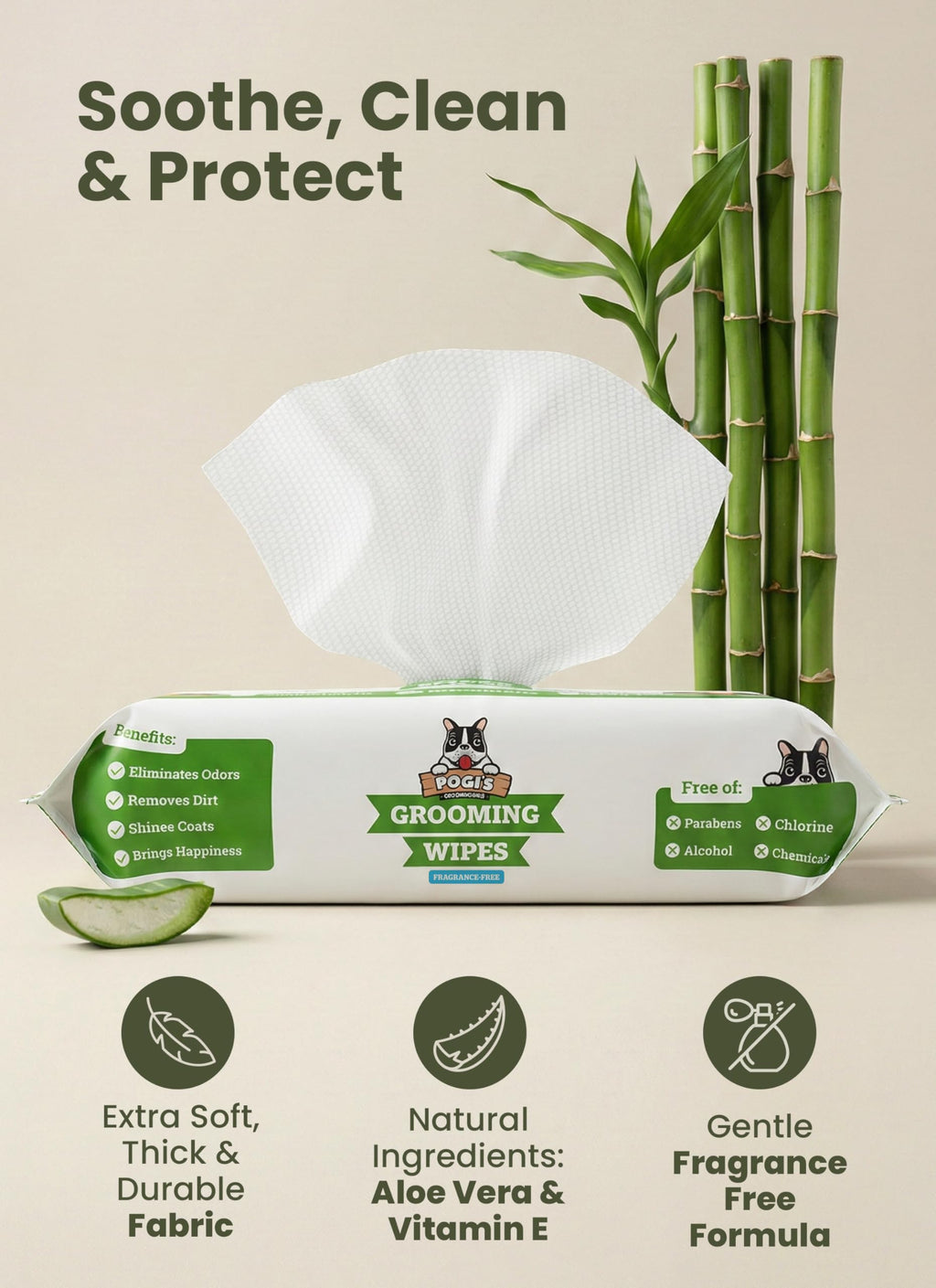 Pogi's Dog Grooming Wipes for Paws & Butt, Fragrance Free, 100