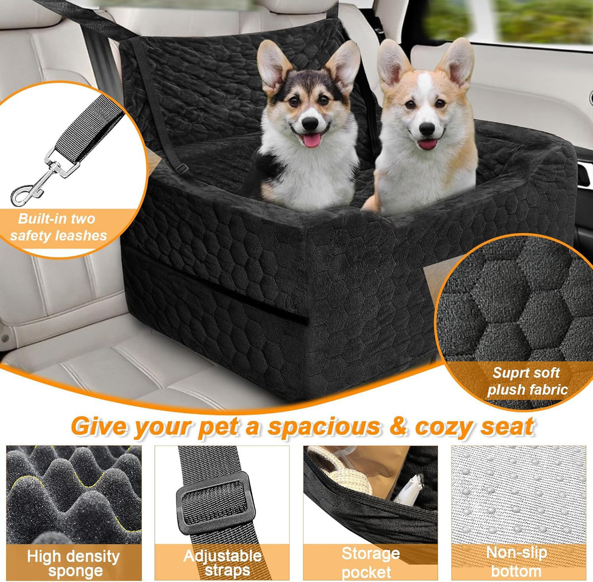 Dog Car Seat for Medium/Large Dog Booster Seat Under 60 lbs or 2 Small Dogs, Multi-Functional Pet Car Seat with Thick Cushion, 2 Safety Leashes (Gray) Gray Large