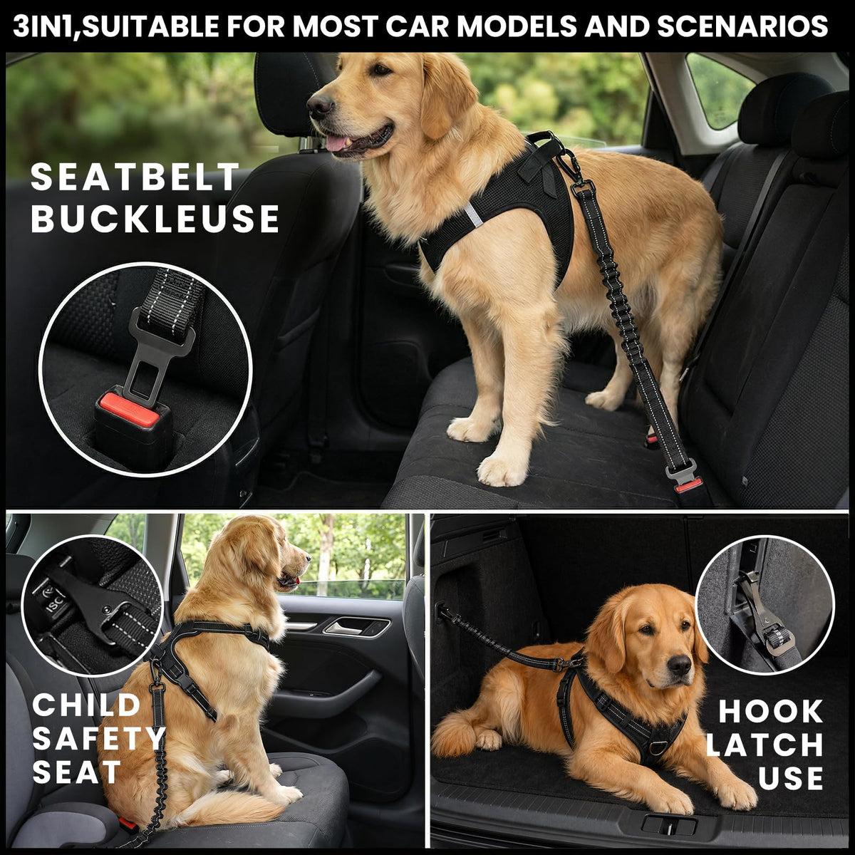 Dog Seat Belt for Car, 3-in-1 Adjustable Dog Seatbelt, Black 21.6"-32"