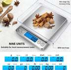 Small Digital Gram Scale 1000g by 0.01g, MEIYA High Accuracy Scale for Food Ounces and Grams, Upgrade USB Charging Kitchen Scale Digital Weight for Cooking, Baking, with Tare Function, 9 Units, 2 Tray Black