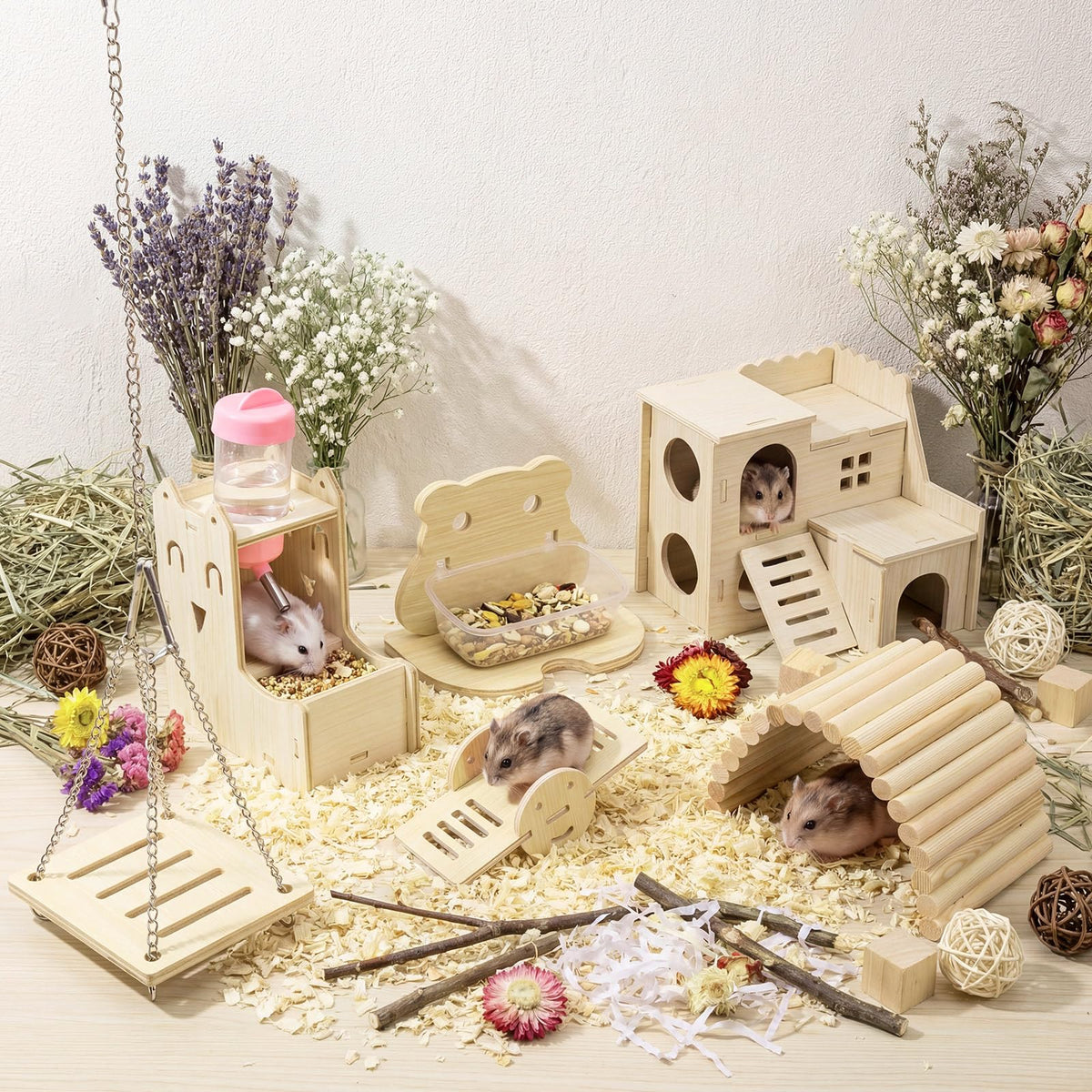 BreezeHug 6 Pcs Wooden Hamster Cage Accessories, Hamster Tunnels, Stylish