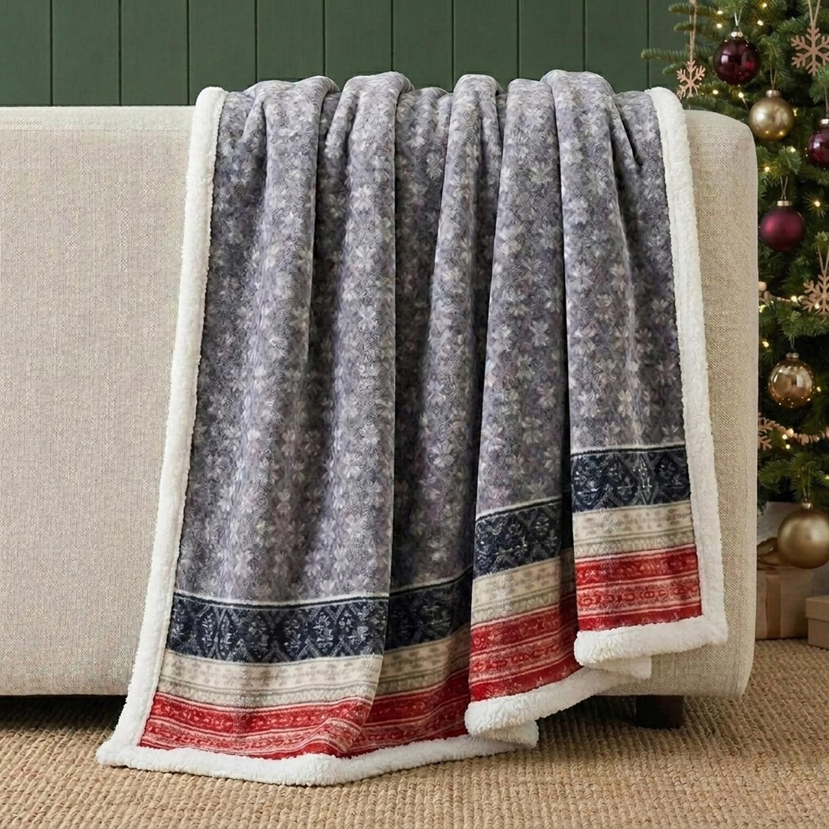 Nordic Plaid Green Sherpa Throw Blanket for Bed and Couch