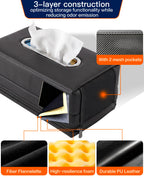 Large Car Tissue Holder PU Leather Organizer with 2 Mesh Pockets