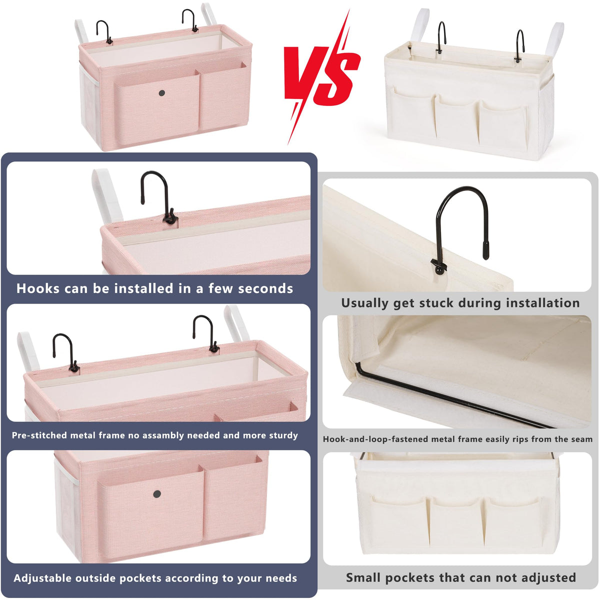 Bedside Caddy Bedside Storage Hanging Organizer for Bunk Dorm Bed Rail New Pink