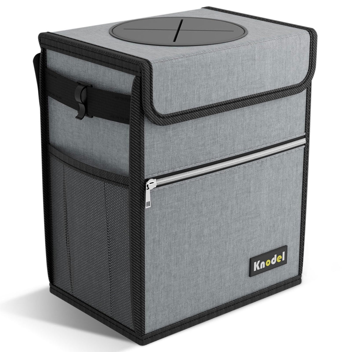 K KNODEL Car Trash Can with Lid, Leak-Proof Car Garbage Can with Storage Pockets, Waterproof Auto Garbage Bag Hanging for Headrest (Small, Gray)