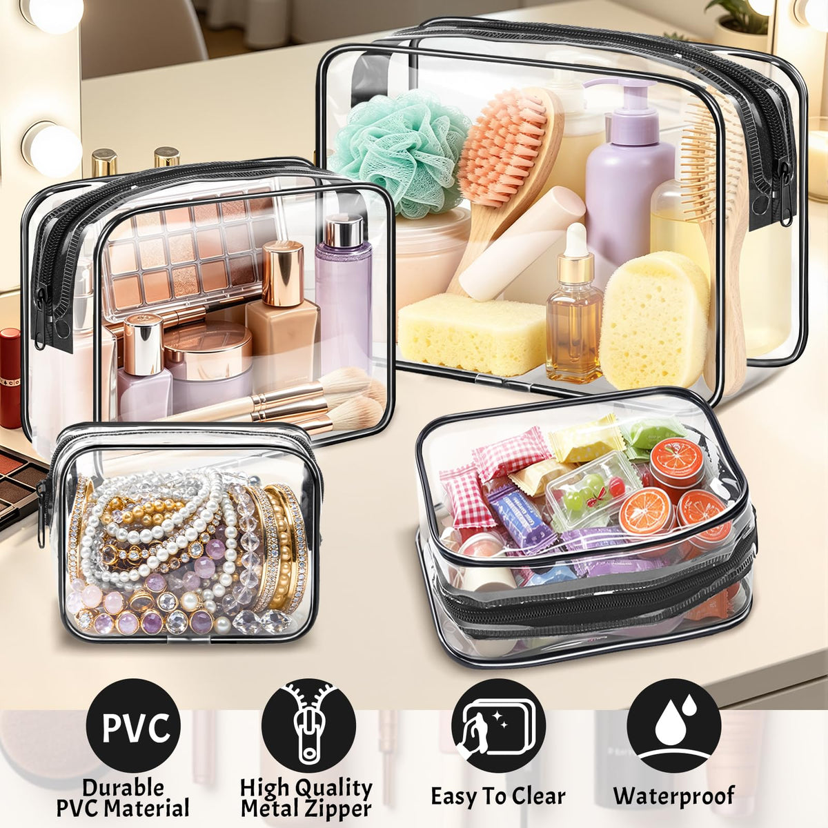 4 Pieces Clear Cosmetic Bags Bulk TSA Approved Toiletry Bag for Travel PVC Waterproof Clear Makeup Pouch with Zipper for Men and Women Carry-on Travel Essentials 4pcs SML Black