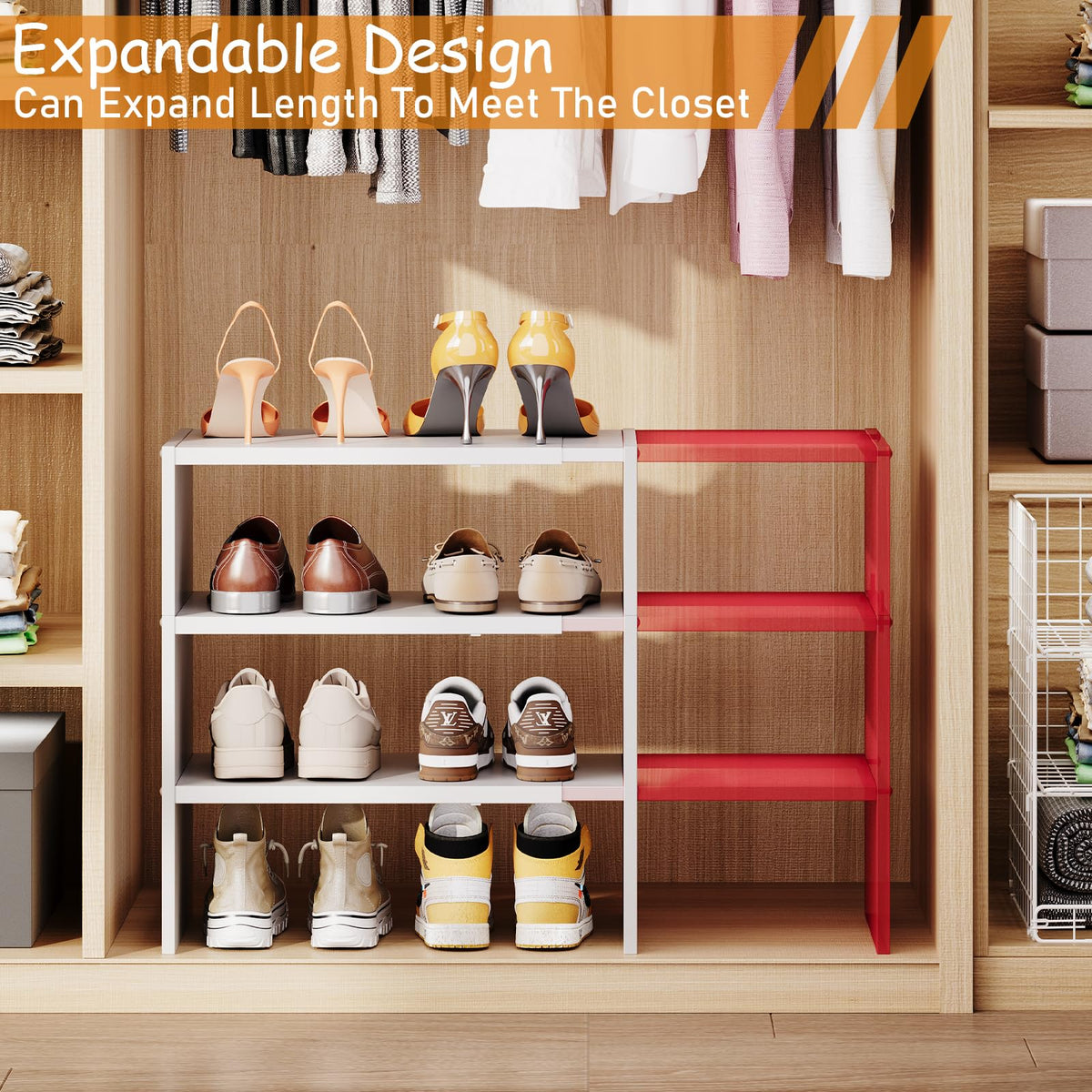 3-Tier Expandable White Shoe Rack Organizer for Closet, Stackable Shoe Racks Storage Shelf, Small Metal Wood Combination Shoe Shelves for Closets,Entryway,Front Door, Narrow Space,Hallway,8-16 Pairs 1 PACK(3-Tier）
