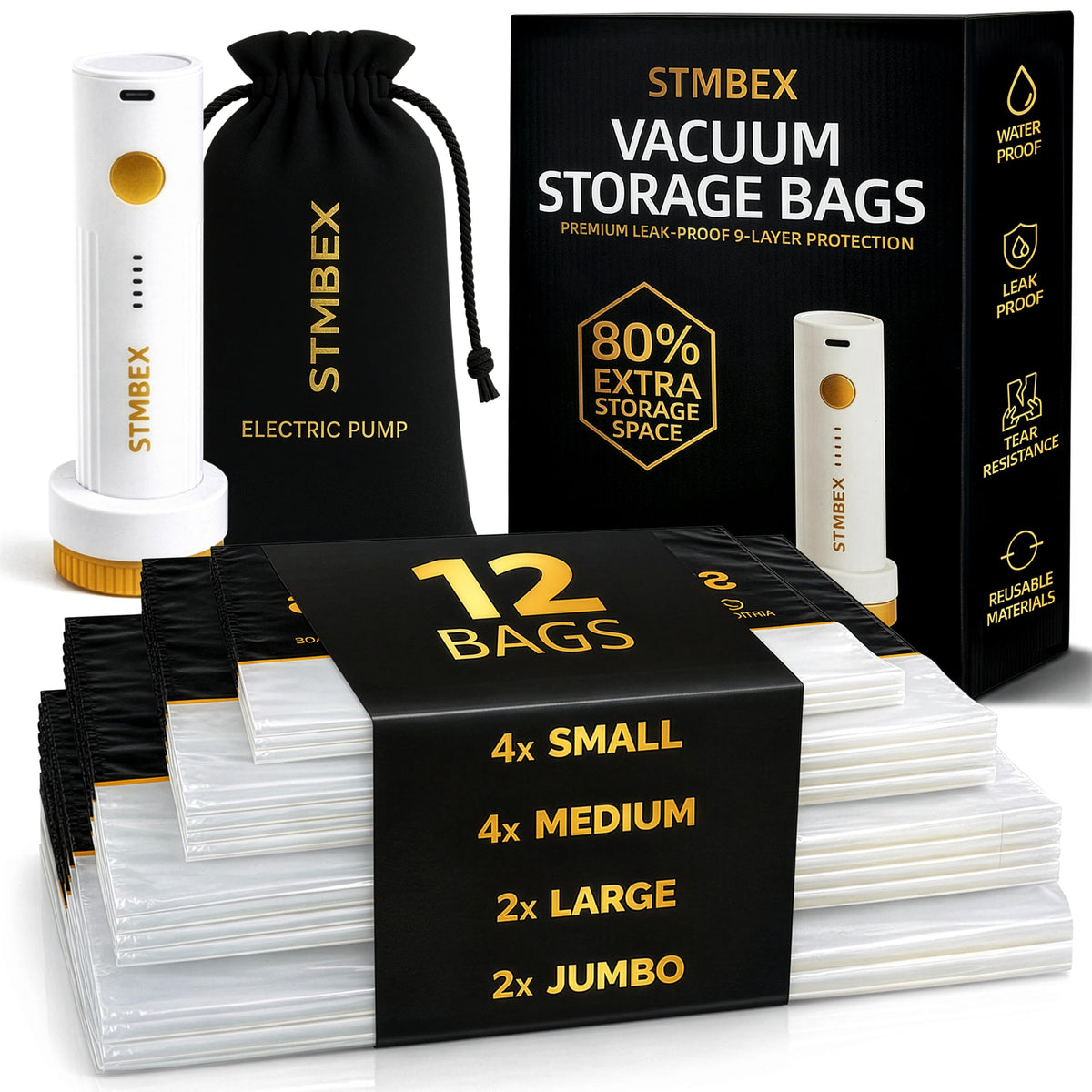 12 Pack Vacuum Storage Bags with Electric Pump for Travel, Clothing & Home 12 Combo