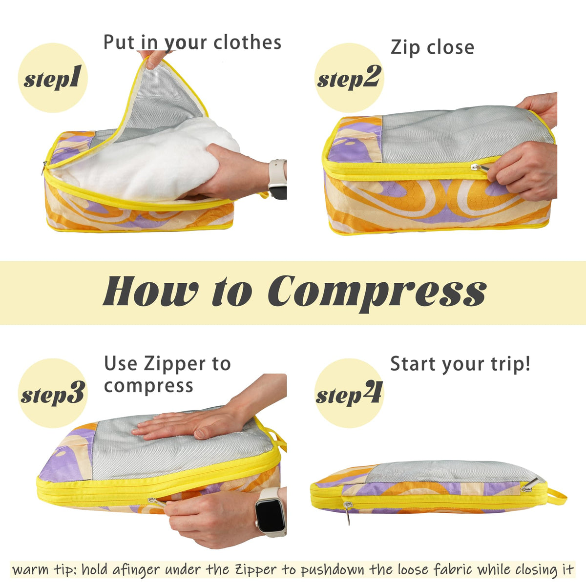 7 Pcs Compression Packing Cubes Travel for Suitcases, Luggage Organizer Washable Storage Bags Set for Backpack Travel- Packaging Cubes for Carry-Ons and Storage yellow orange