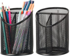 Delifox 2 Pack Pen Holder Mesh Round Pencil Holder 3 Compartments, Black