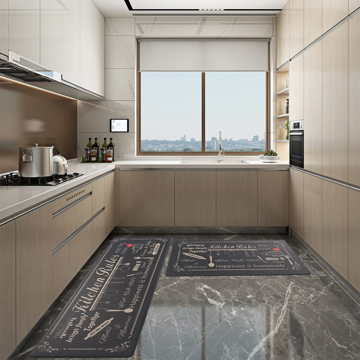 Floral Kitchen Mat Sets 2PCS Non Skid Waterproof Kitchen Rugs and Runner Sets Cushioned Anti-Fatigue Comfort Mat for Home,Office Memory Foam Kitchen Rug, 17.3"x30"+17.3"x47", Black/Pink 17"x30"+17"x47"--0.4 inches