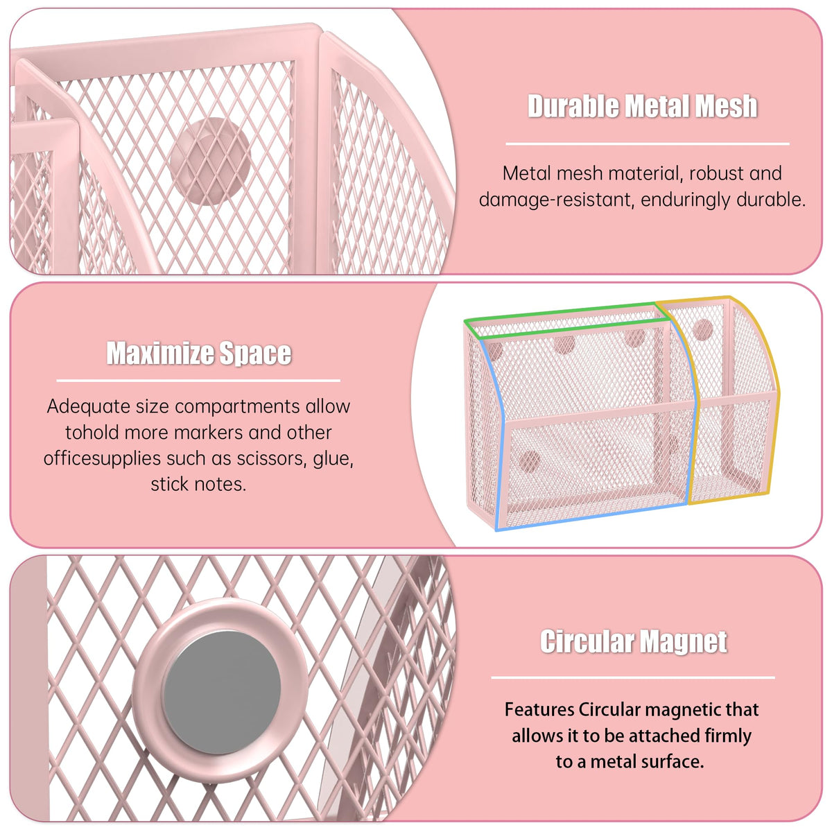 YINGHUA 3 Compartment Magnetic Metal Mesh Pen Holder, White Desk Caddy