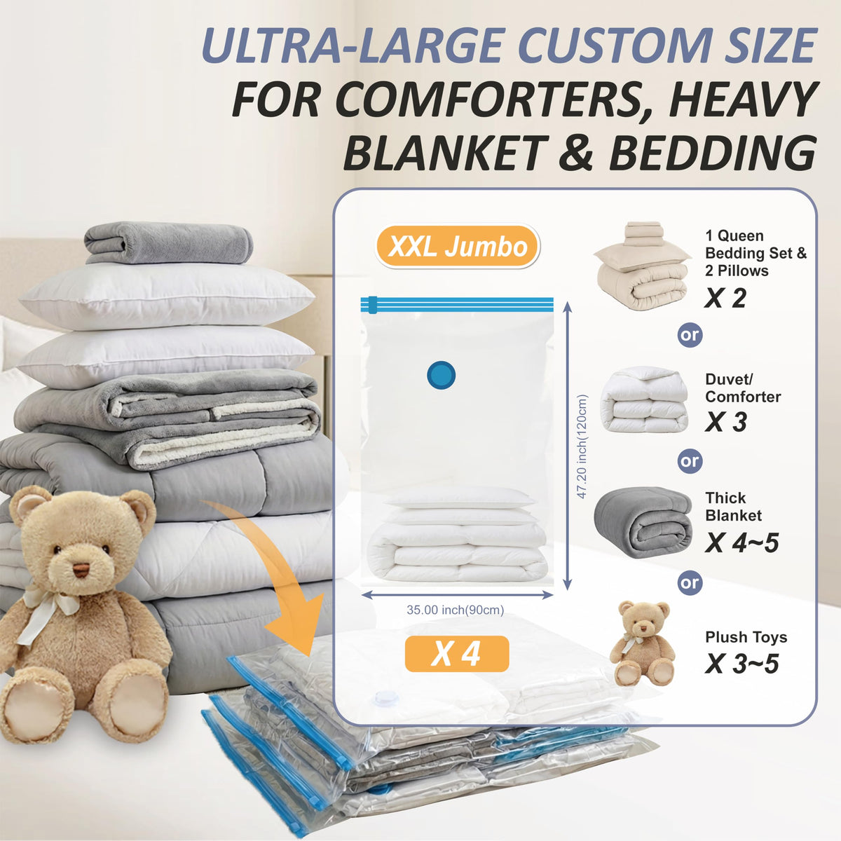 12 Jumbo Vacuum Storage Bags for Blankets & Bedding, Space Saver Bags 12 Jumbo