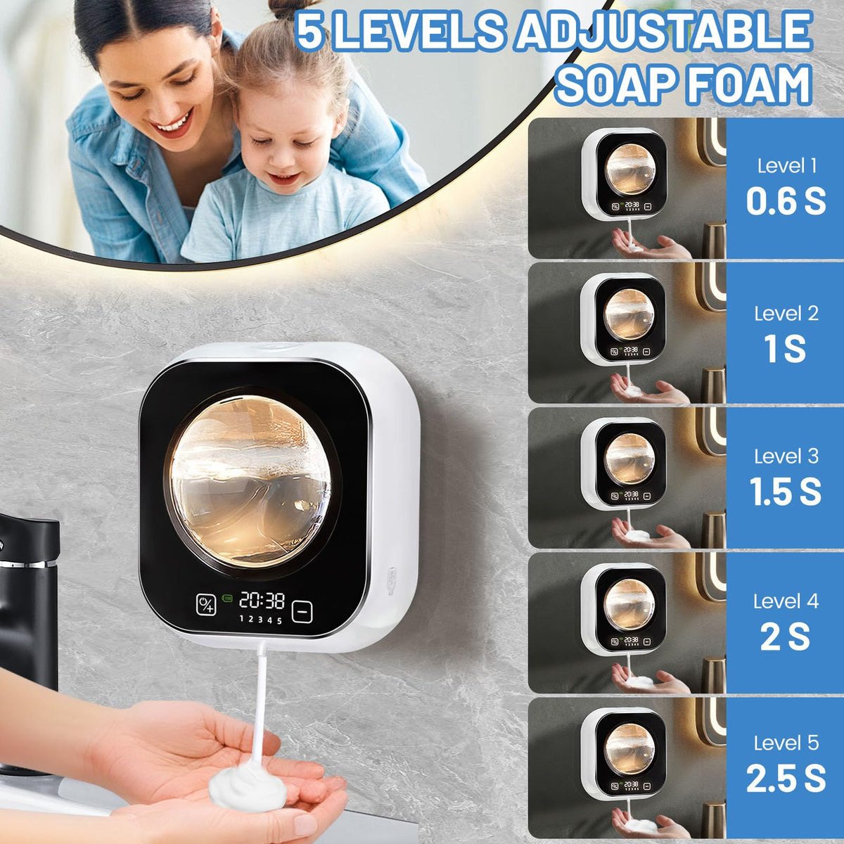 Automatic Soap Dispenser, 320ML Touchless Smart Hand Soap Dispenser, 5 Adjustable Soap Levels, Rechargeable Wall Mounted Electric Foam Soap Dispenser for Bathroom Kitchen Office (Black) Black