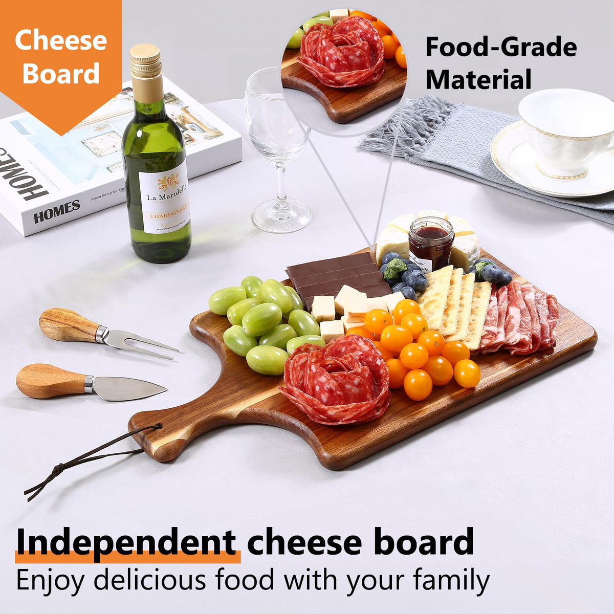 Acacia Couch Arm Table with Charcuterie Board,15.7" x 9.8"