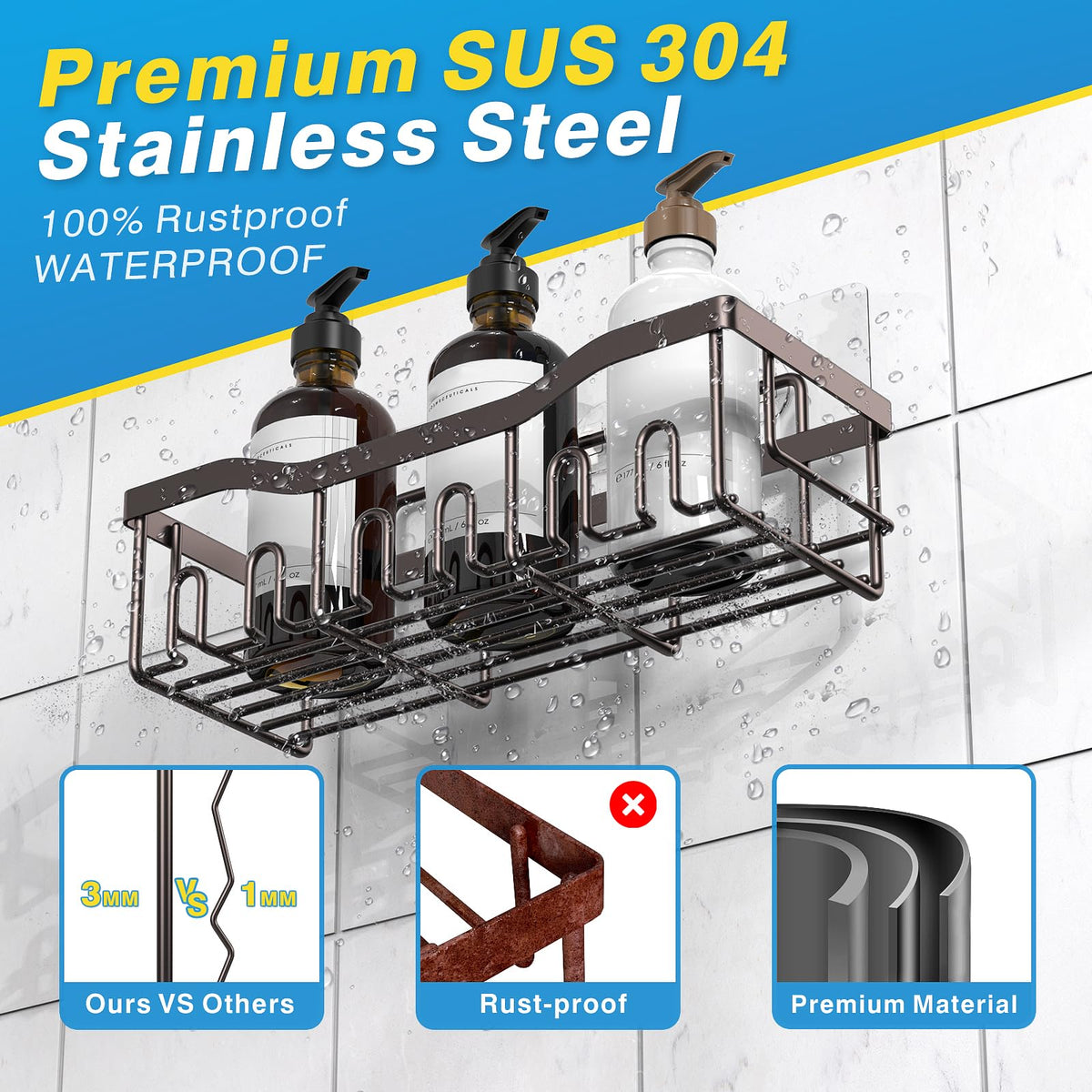 EUDELE Adhesive Shower Caddy, 5 Pack Rustproof Stainless Steel Bath Organizers With Large Capacity, No Drilling Shelves for Bathroom Storage & Home Decor Black
