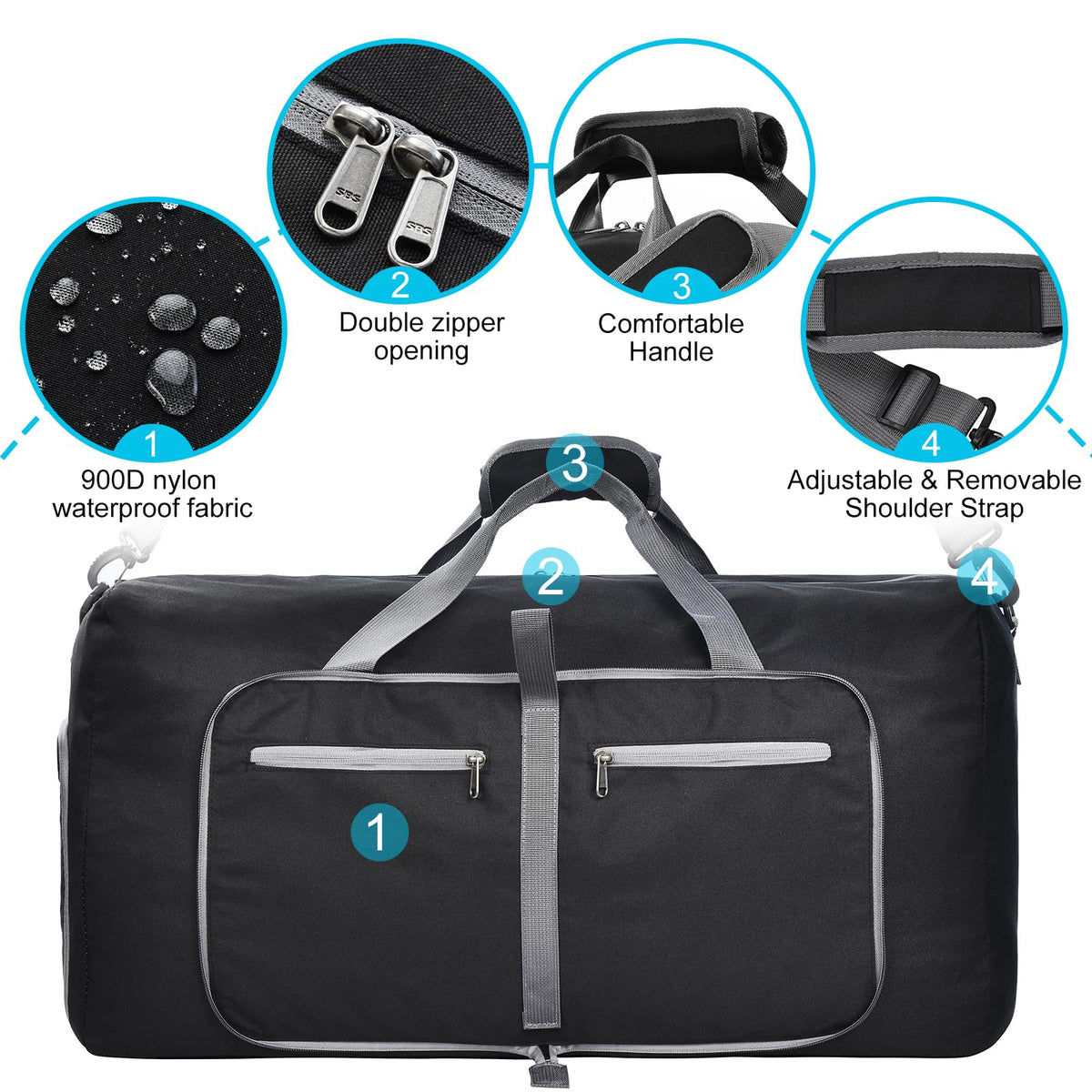 Felipe Varela Foldable Duffle Bag for Travel Weekend Overnight Gym Camping A Black 40L