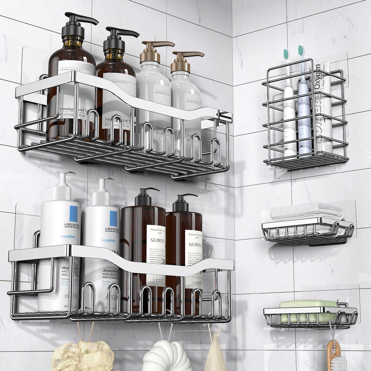 EUDELE Adhesive Shower Caddy, 5 Pack Rustproof Stainless Steel Bath...