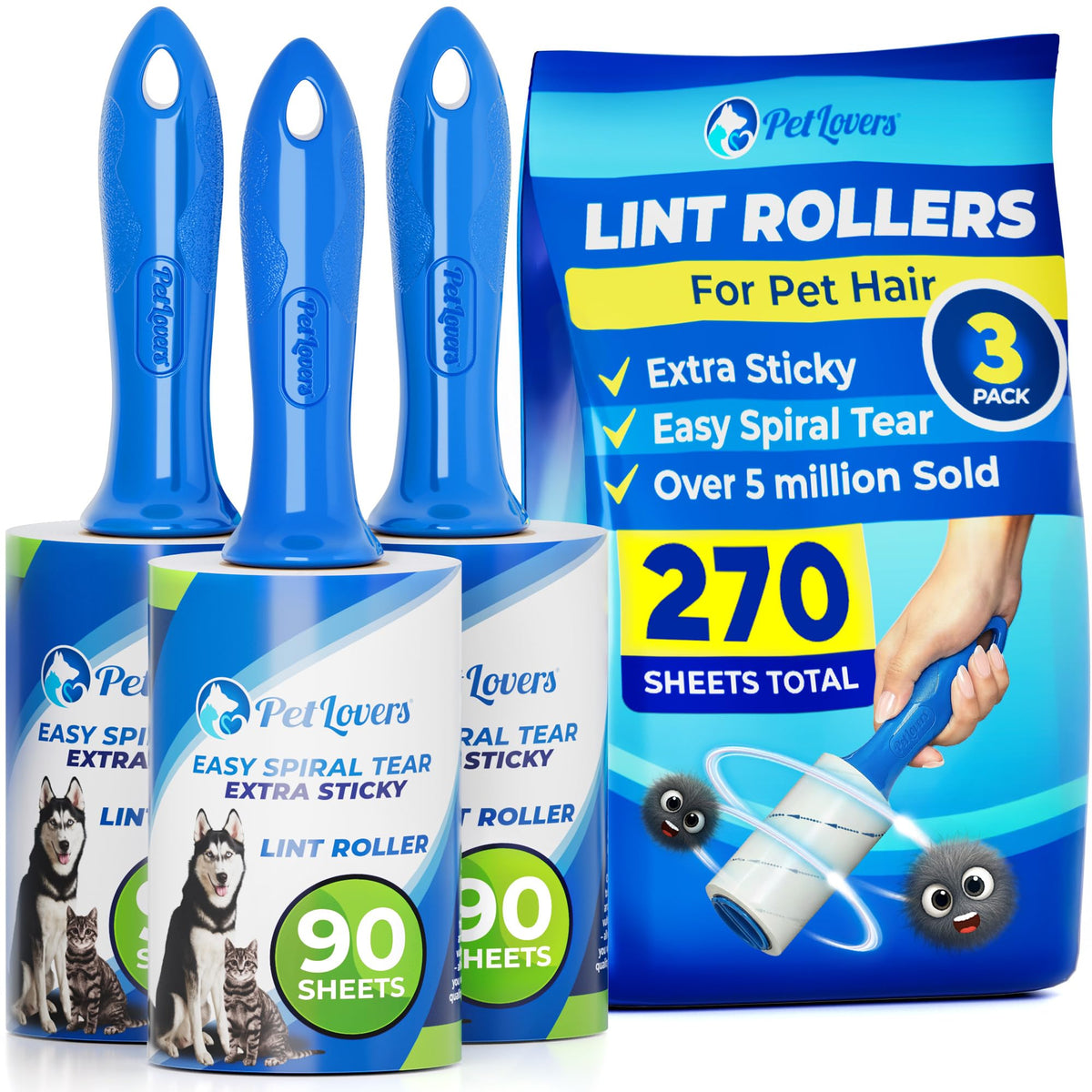 PetLovers Large Lint Roller with 3 Refills – 360 Total Sheets for Tackling...